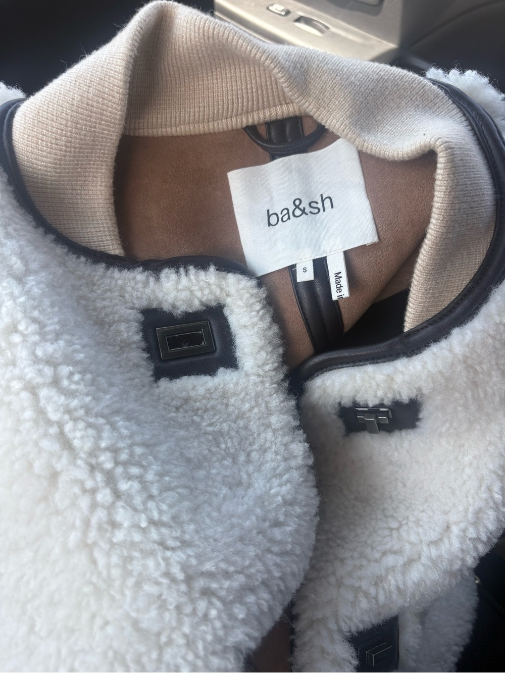 ba&sh Cream Teddy Jacket with Black Trim